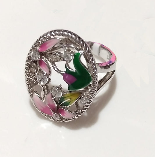 Handmade Lotus Blossom Flower Leaf Hollow Silver Ring
