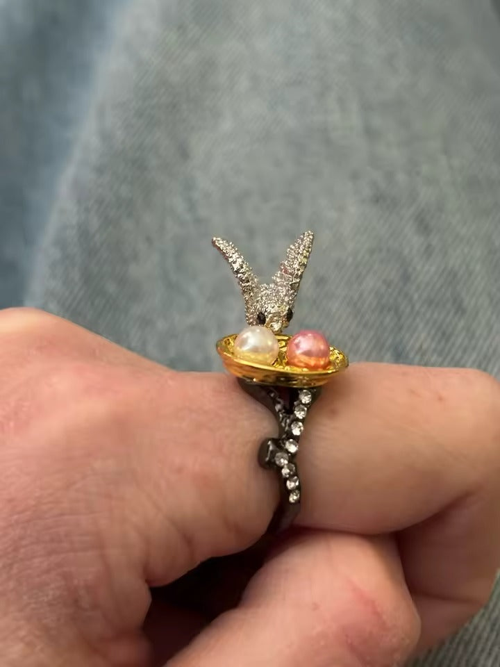 Bird Nest Faux Pearl Egg Crystal Pave Statement Ring Unique Gift