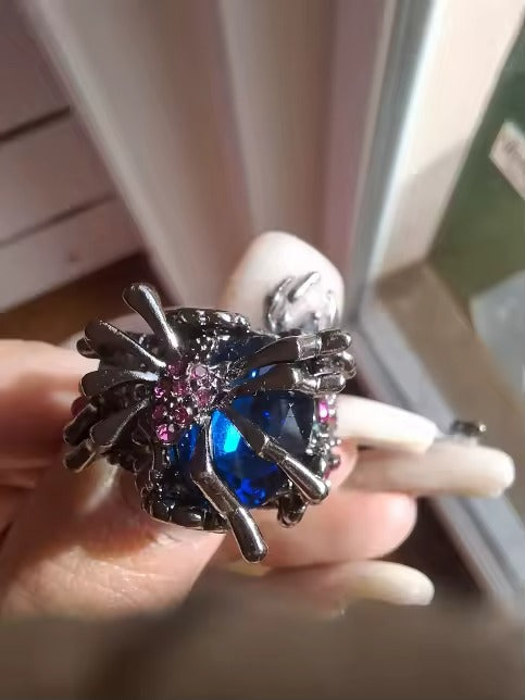 Handmade Wicked Spider Blue Crystal Flower Ring