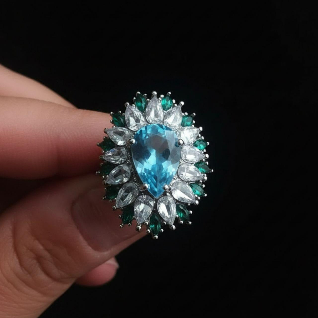 25mm Pear Cut Blue Water Drop Emerald Topaz Flower Ring