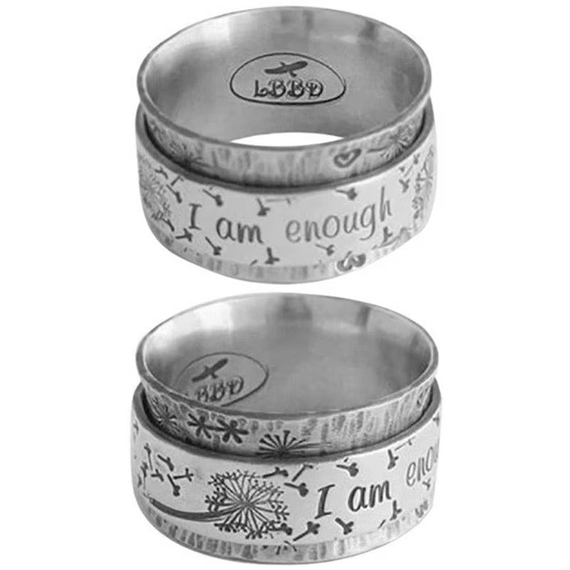 Engraved Dandelion "I Am Enough" Silver Wide Band Ring