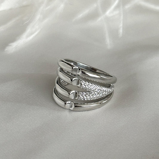 Silver Multi Band CZ Crystals Open Promise Ring