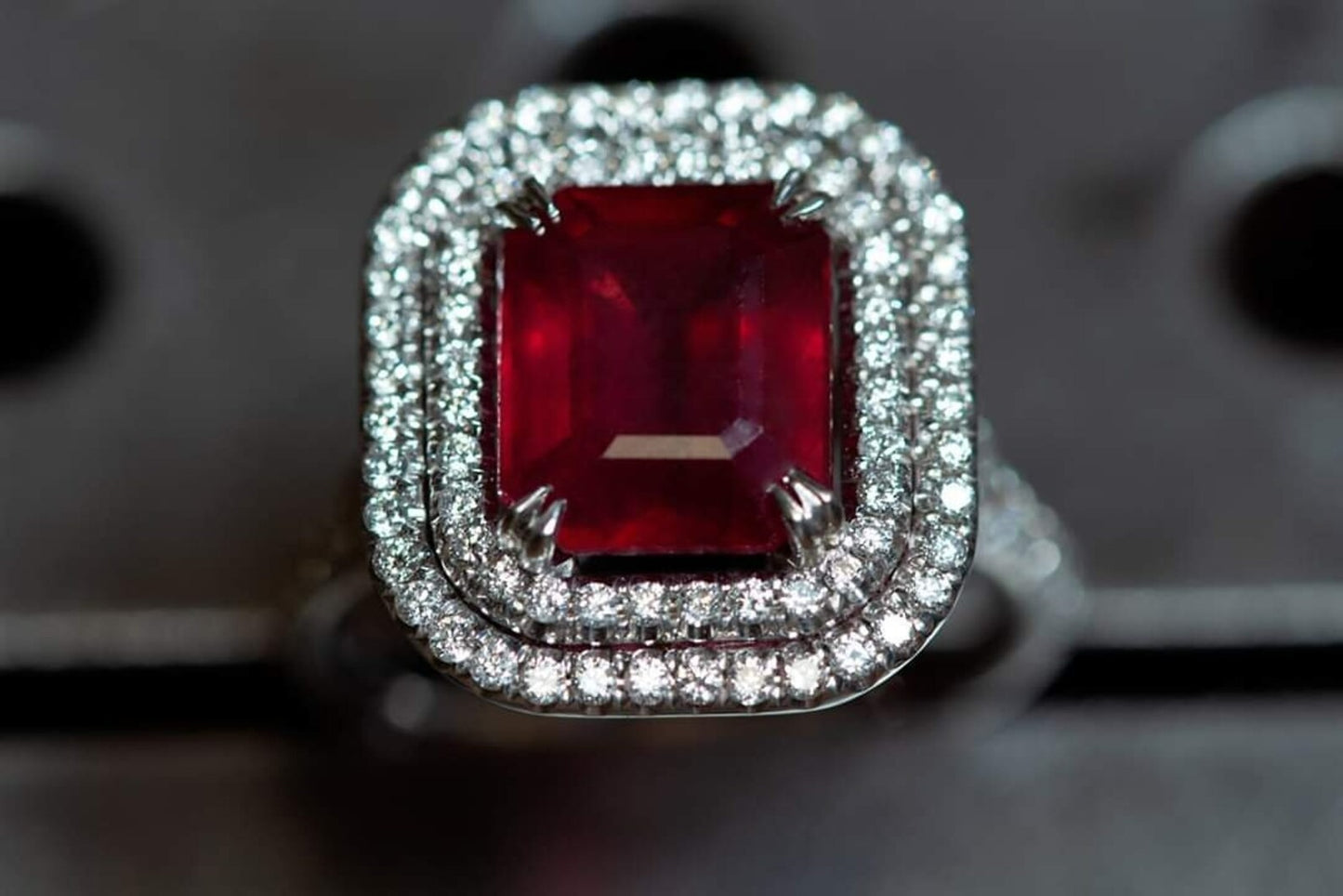 Emerald Cut Ruby Red Silver Halo Ring