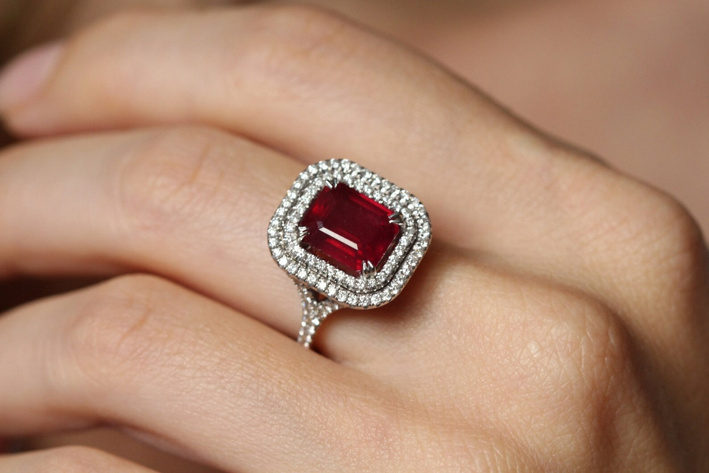 Emerald Cut Ruby Red Silver Halo Ring