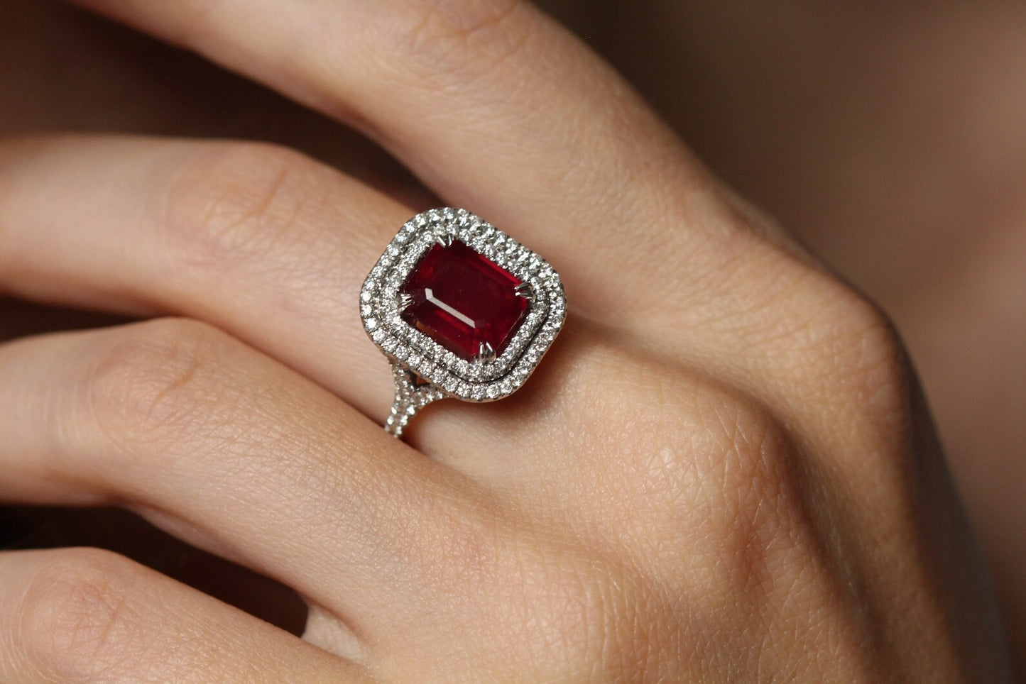 Emerald Cut Ruby Red Silver Halo Ring