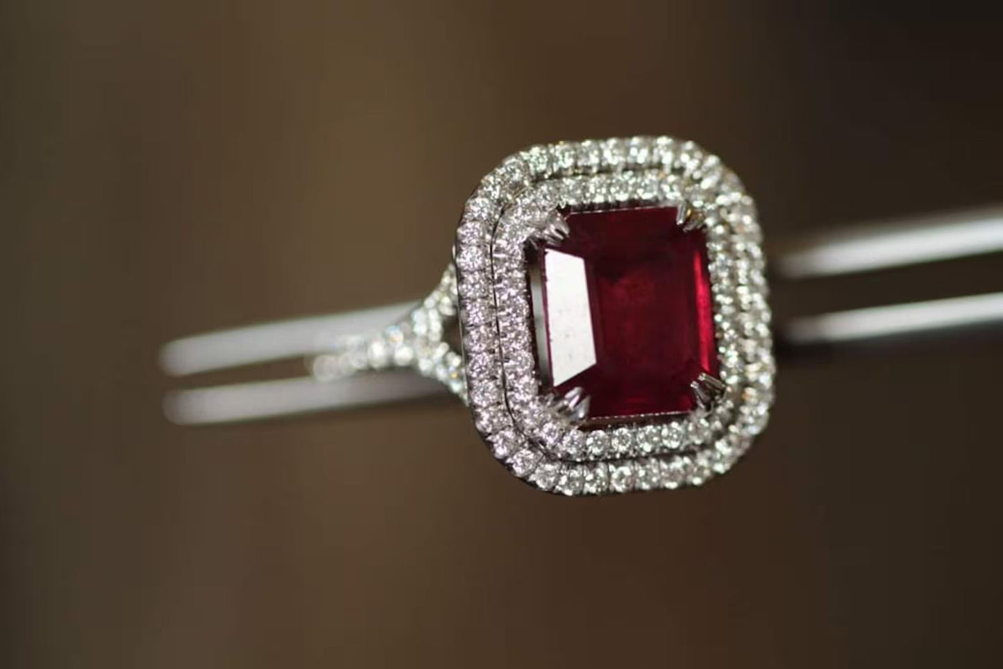 Emerald Cut Ruby Red Silver Halo Ring