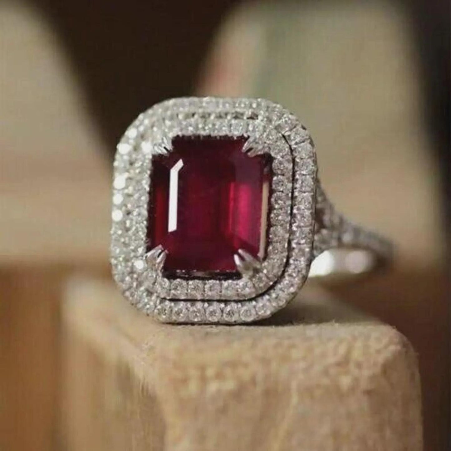 Emerald Cut Ruby Red Silver Halo Ring