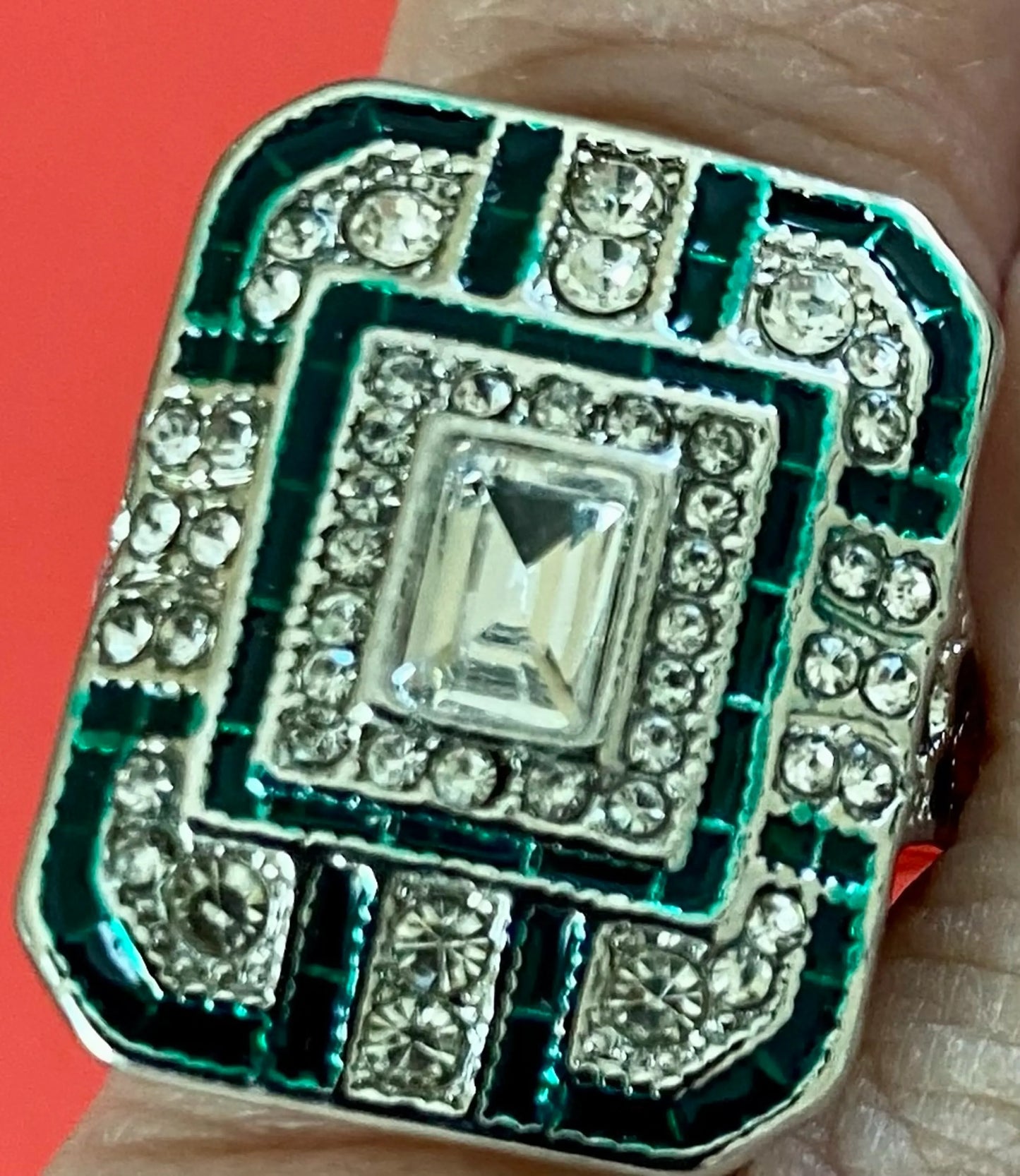Vintage Art Deco Faux Green Sapphire & CZ Gemstone Ring