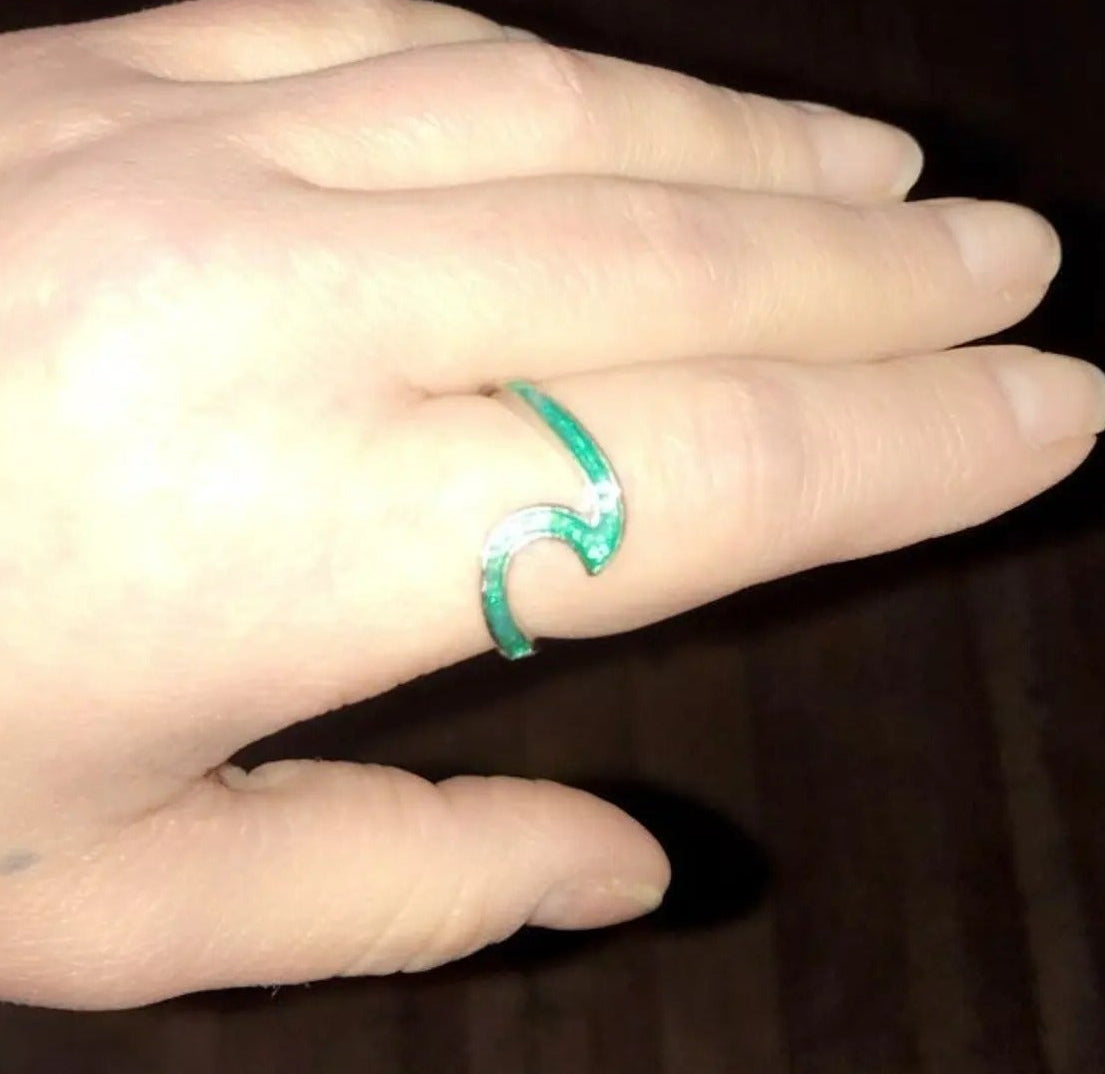 Unique Green Opal Wave Silver Ring