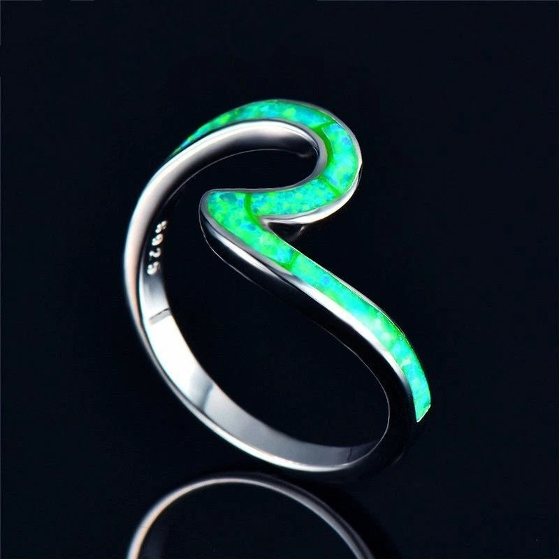 Unique Green Opal Wave Silver Ring