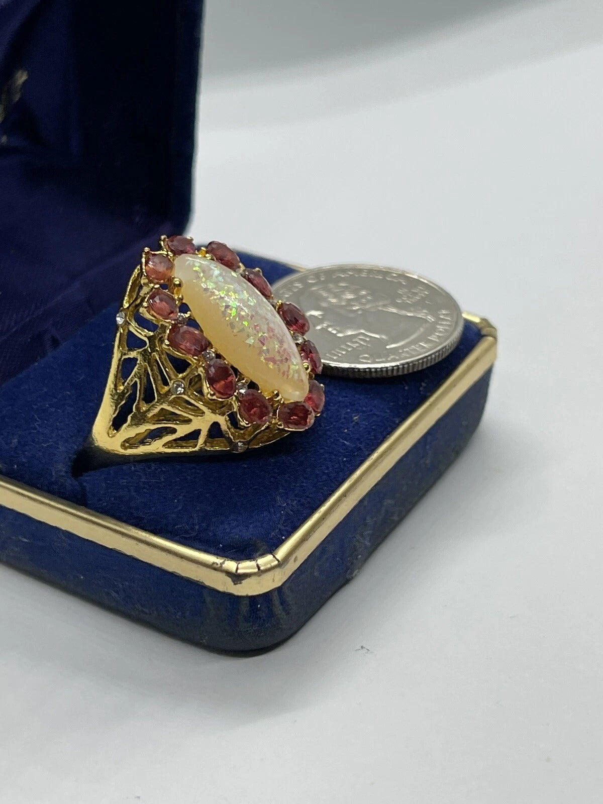 Purple Amethyst Crystals & White Opal Marquise Gold Halo Ring