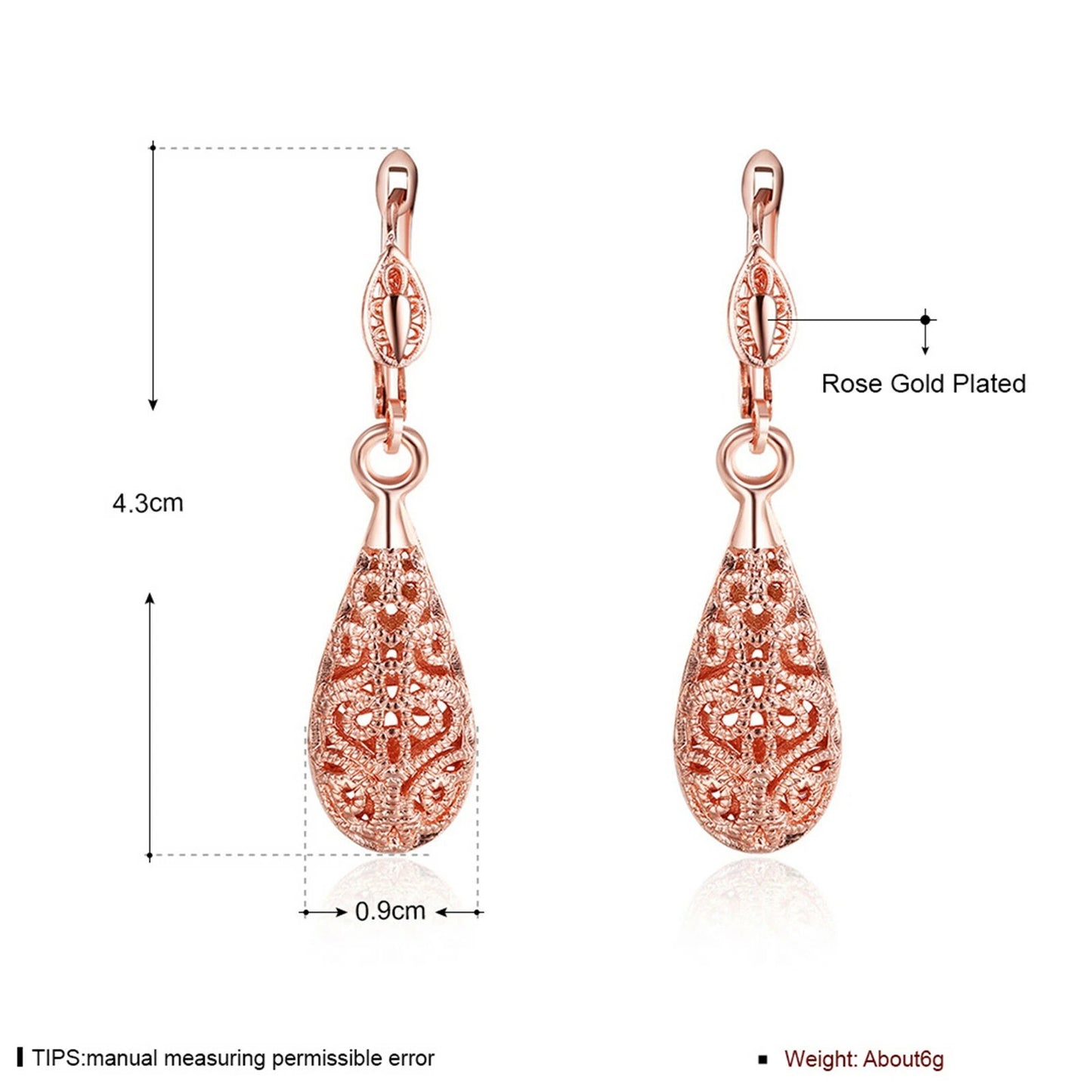 Hollow Teardrop Pear Rose Gold Earrings