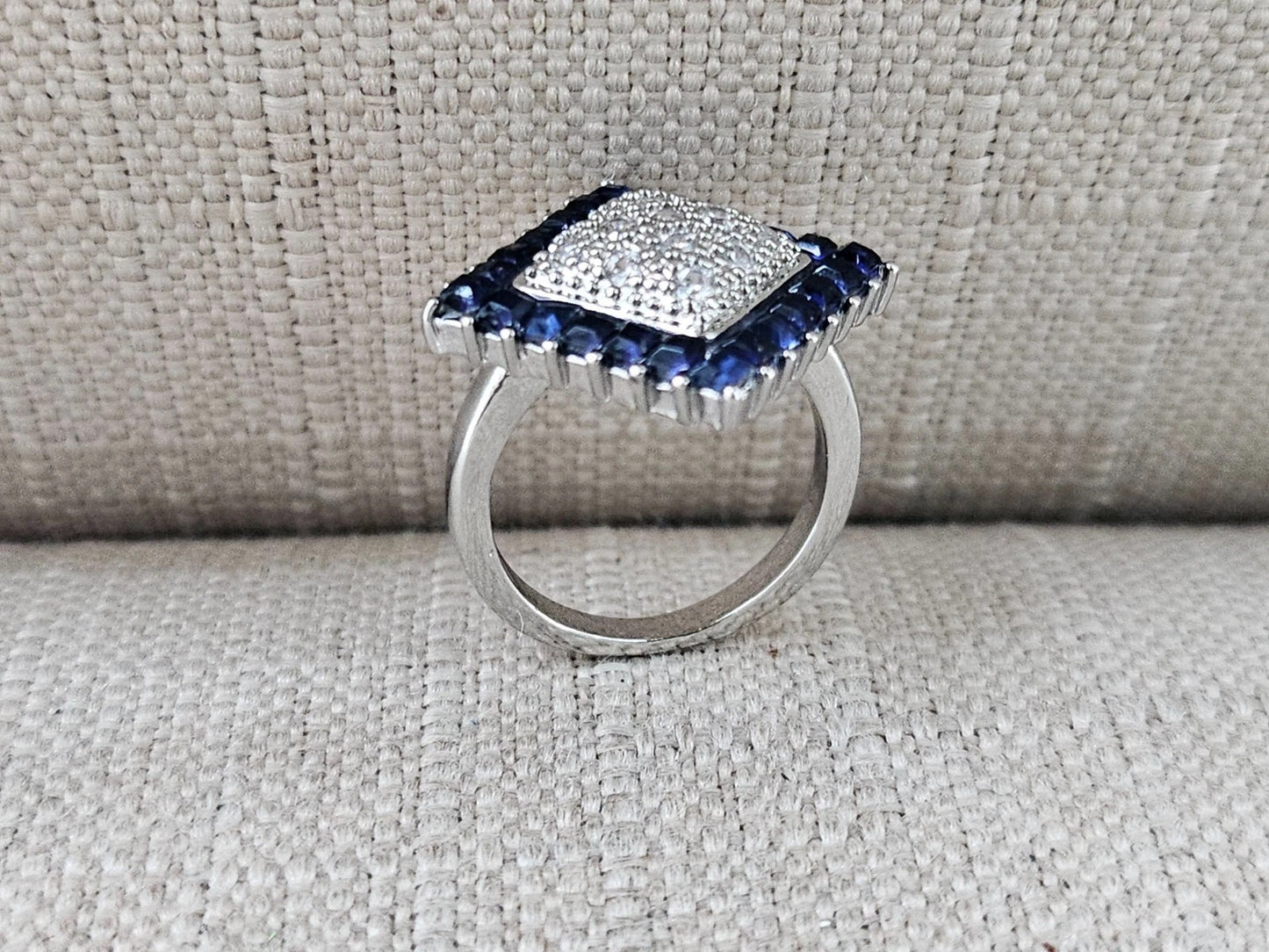 Art Deco Blue Faux Sapphire Vintage Silver Cluster Ring