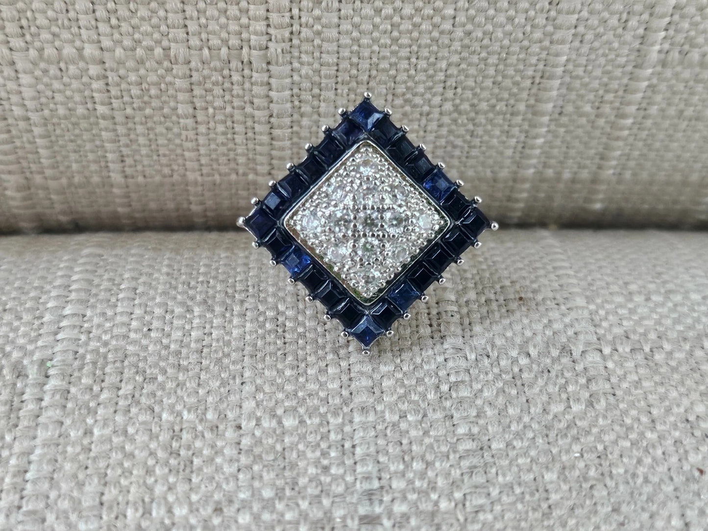 Art Deco Blue Faux Sapphire Vintage Silver Cluster Ring