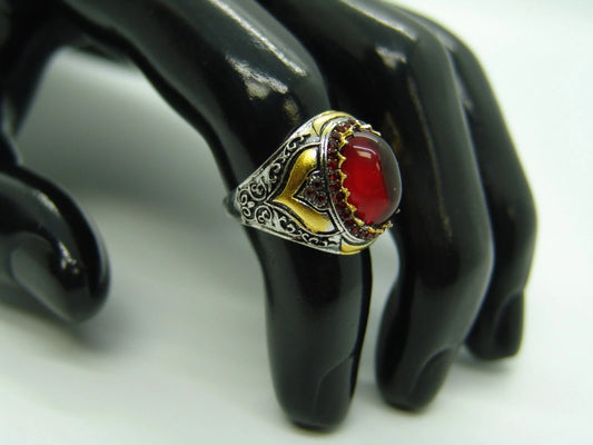 Men's Retro Handmade Turkish Red Agate Gemstone Two Tone Ring