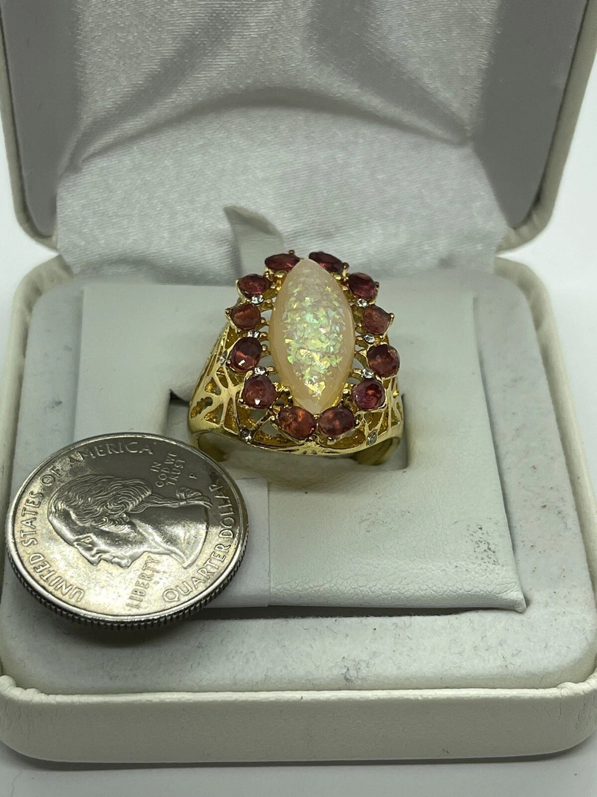 Purple Amethyst Crystals & White Opal Marquise Gold Halo Ring