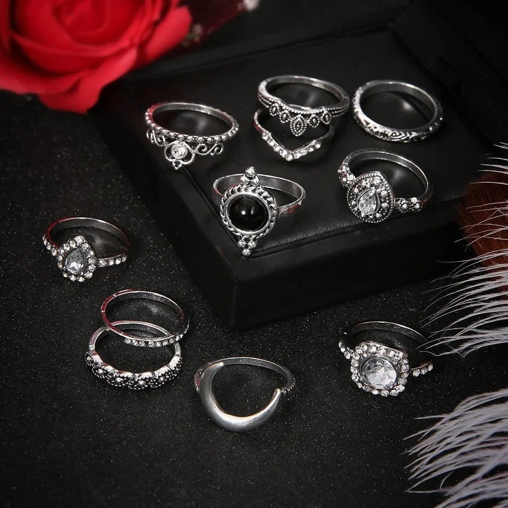10pcs Vintage Rhinestone Knuckle Midi Stacking Boho Ring Set