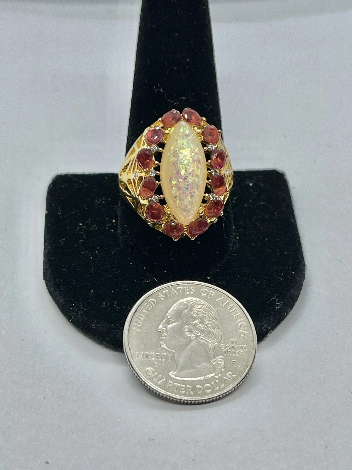 Purple Amethyst Crystals & White Opal Marquise Gold Halo Ring