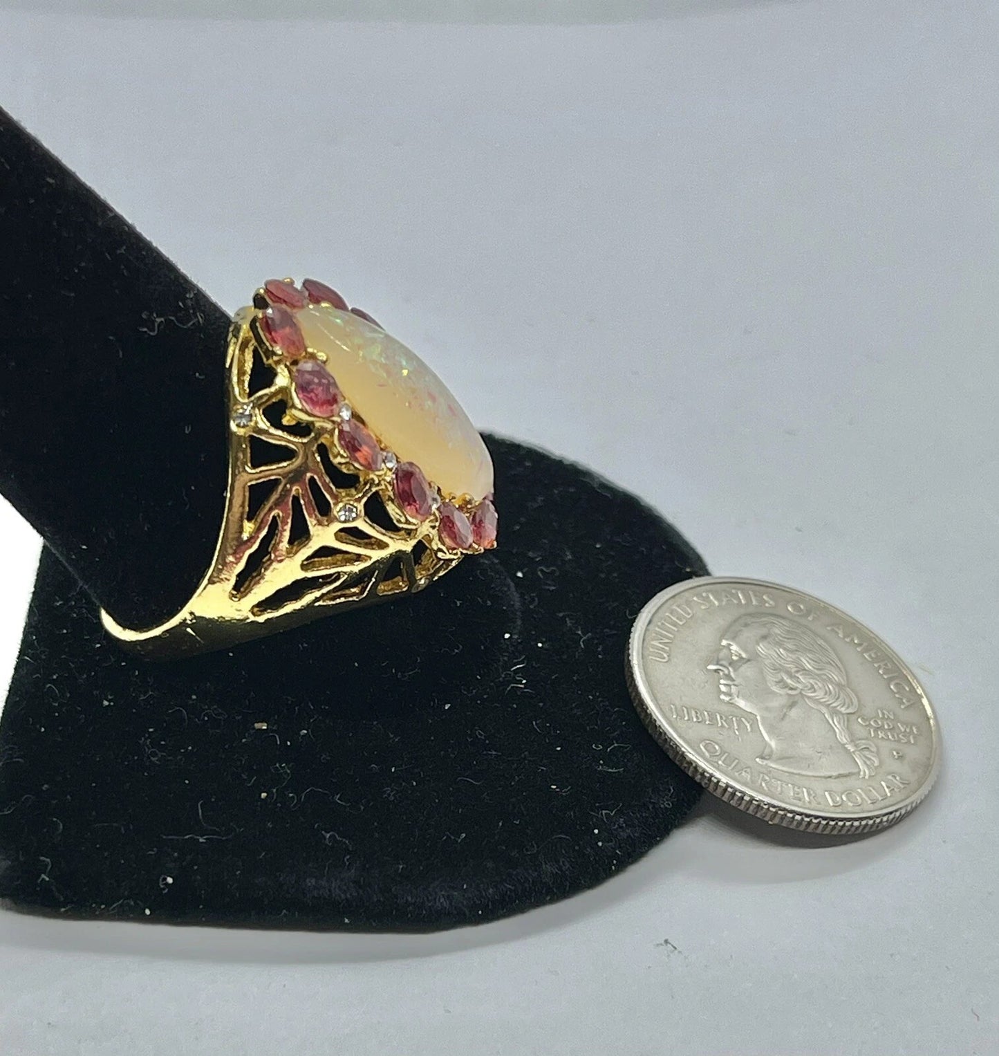 Purple Amethyst Crystals & White Opal Marquise Gold Halo Ring