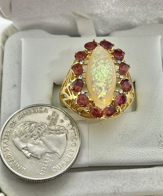 Purple Amethyst Crystals & White Opal Marquise Gold Halo Ring