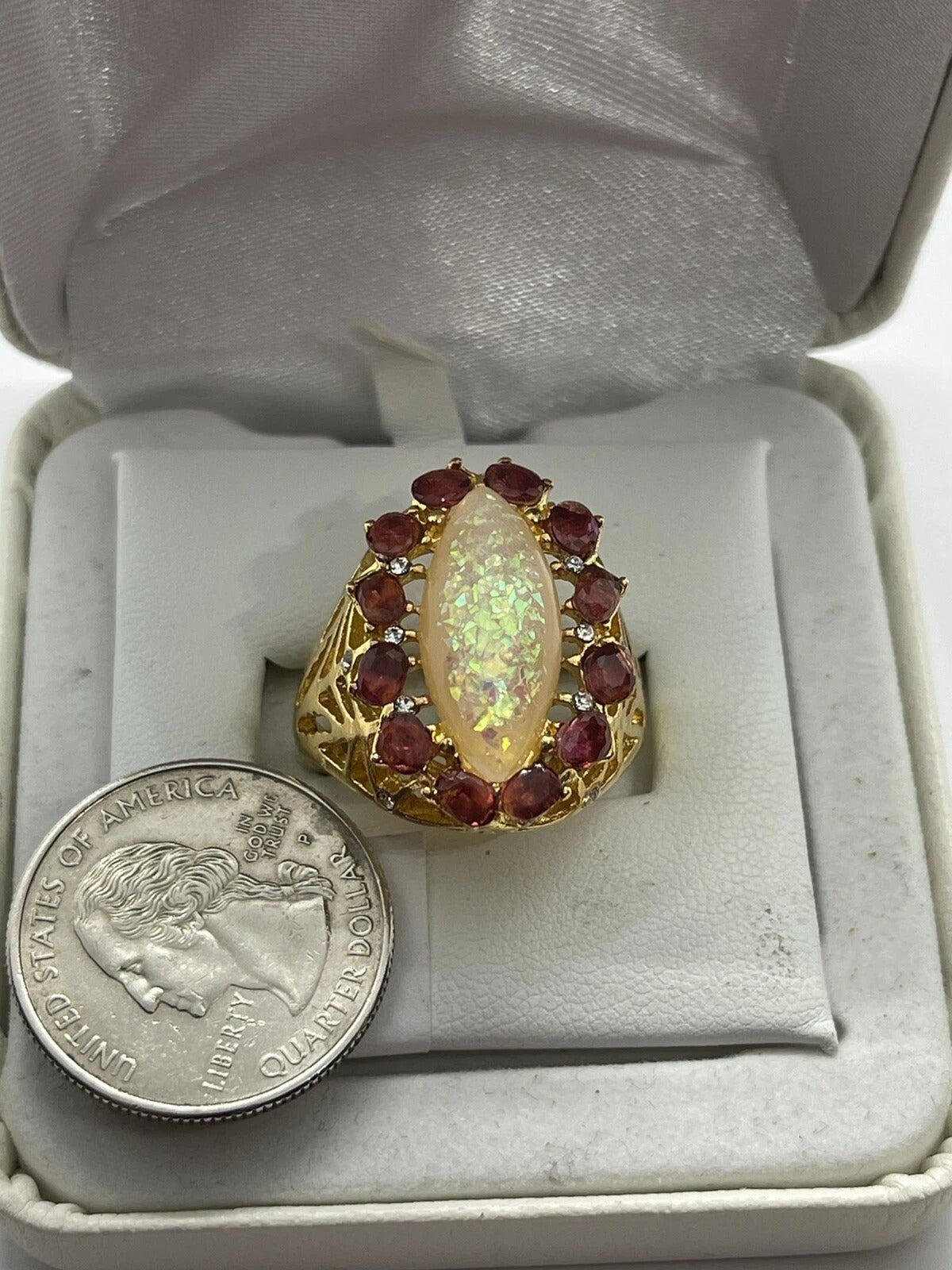 Purple Amethyst Crystals & White Opal Marquise Gold Halo Ring