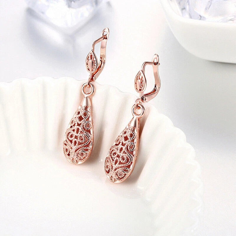 Hollow Teardrop Pear Rose Gold Earrings