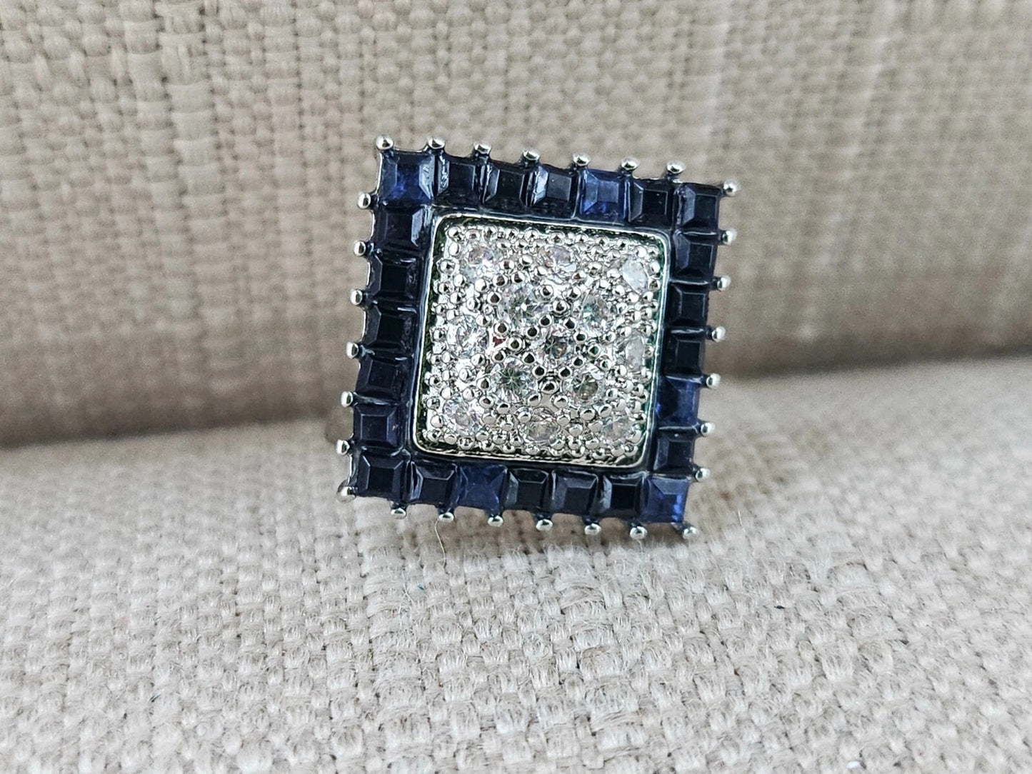 Art Deco Blue Faux Sapphire Vintage Silver Cluster Ring