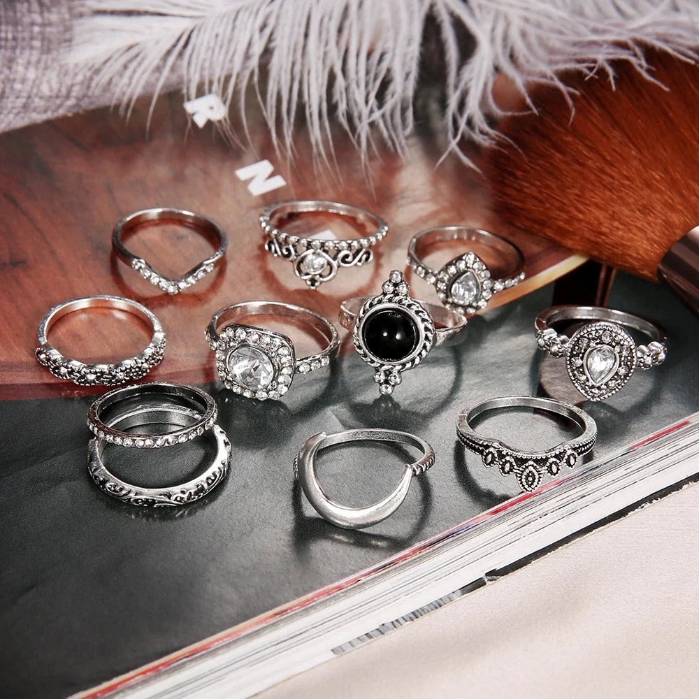 10pcs Vintage Rhinestone Knuckle Midi Stacking Boho Ring Set