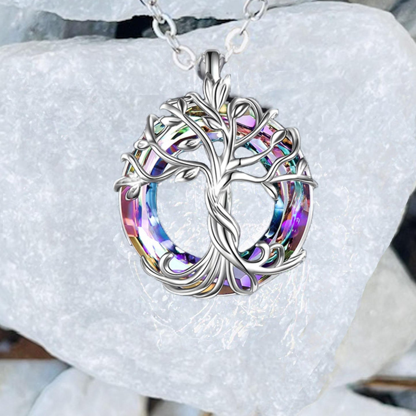 Purple Mystic Rainbow Tree of Life Circle Necklace