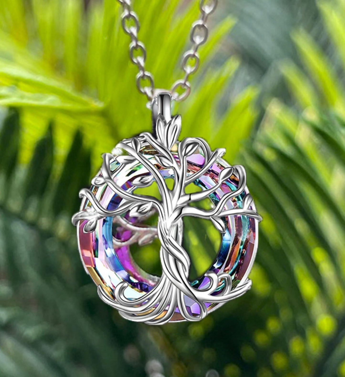 Purple Mystic Rainbow Tree of Life Circle Necklace
