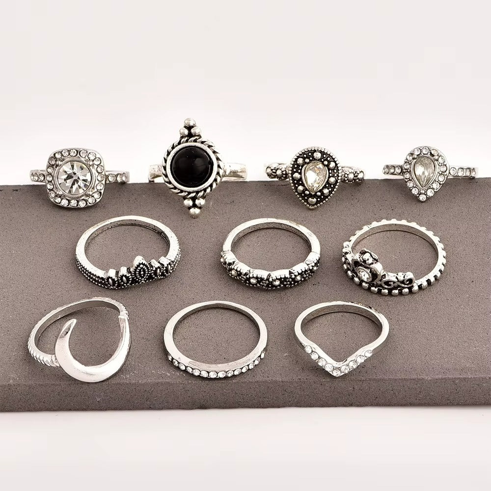 10pcs Vintage Rhinestone Knuckle Midi Stacking Boho Ring Set