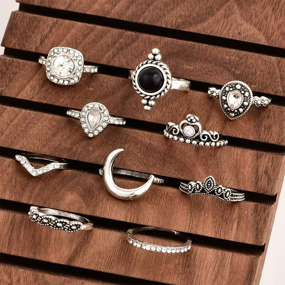 10pcs Vintage Rhinestone Knuckle Midi Stacking Boho Ring Set