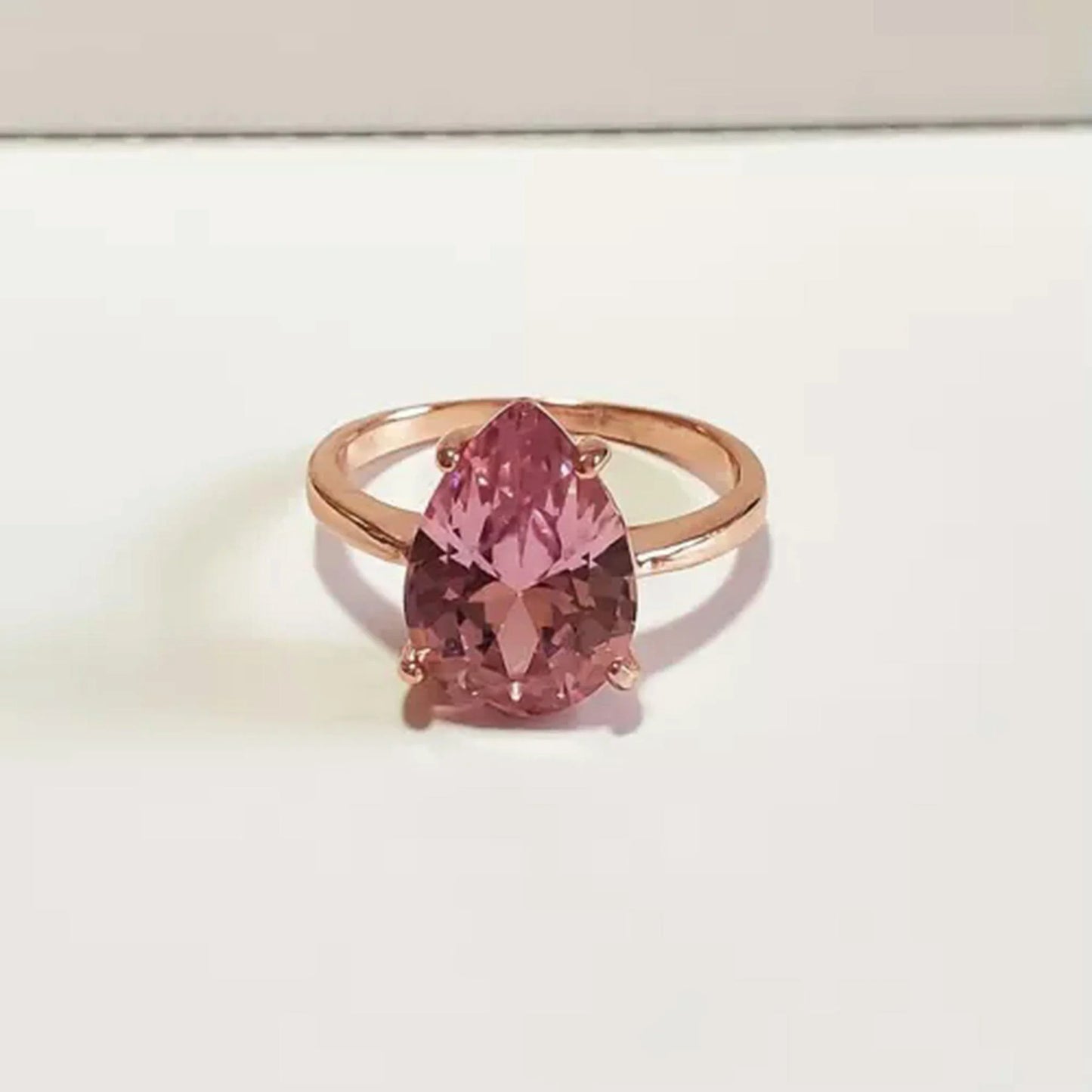 14mm Pink CZ Pear Cut Rose Gold Solitaire Teardrop Ring