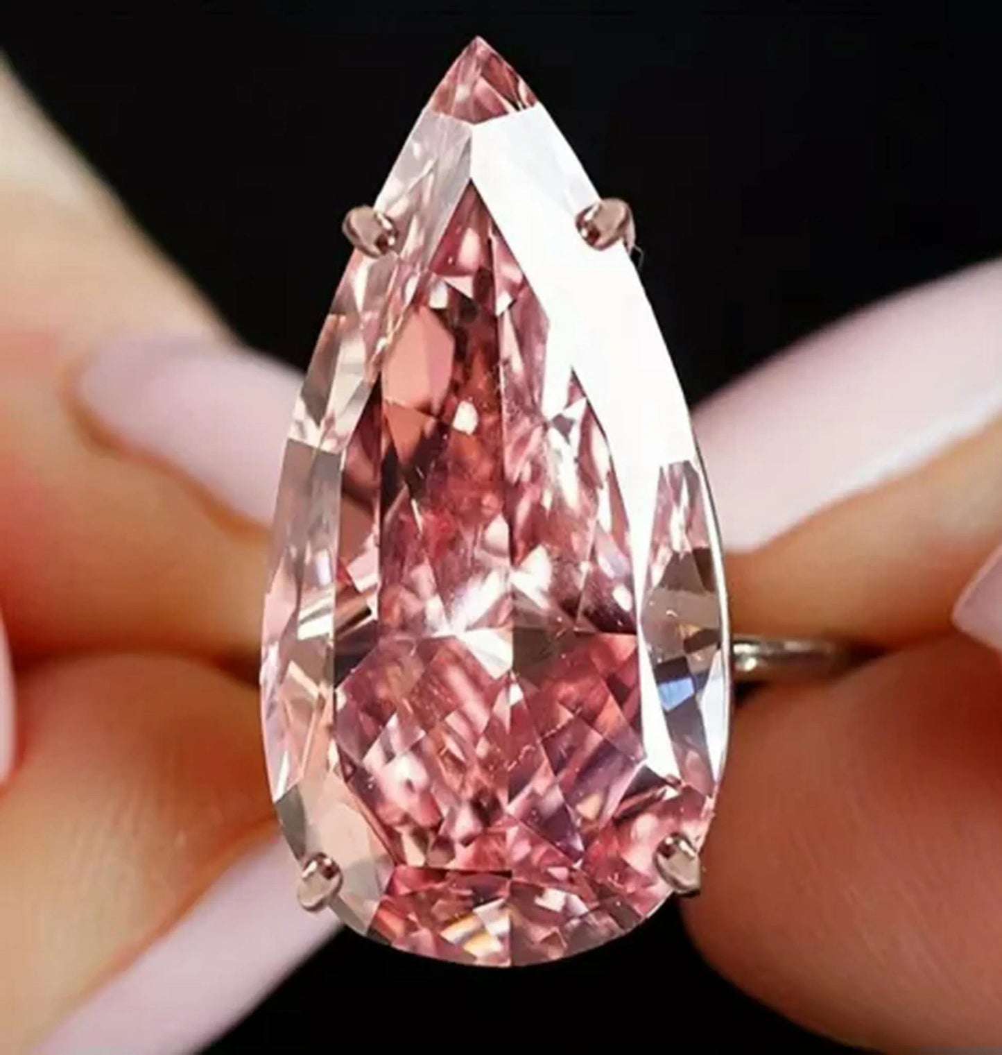 14mm Pink CZ Pear Cut Rose Gold Solitaire Teardrop Ring