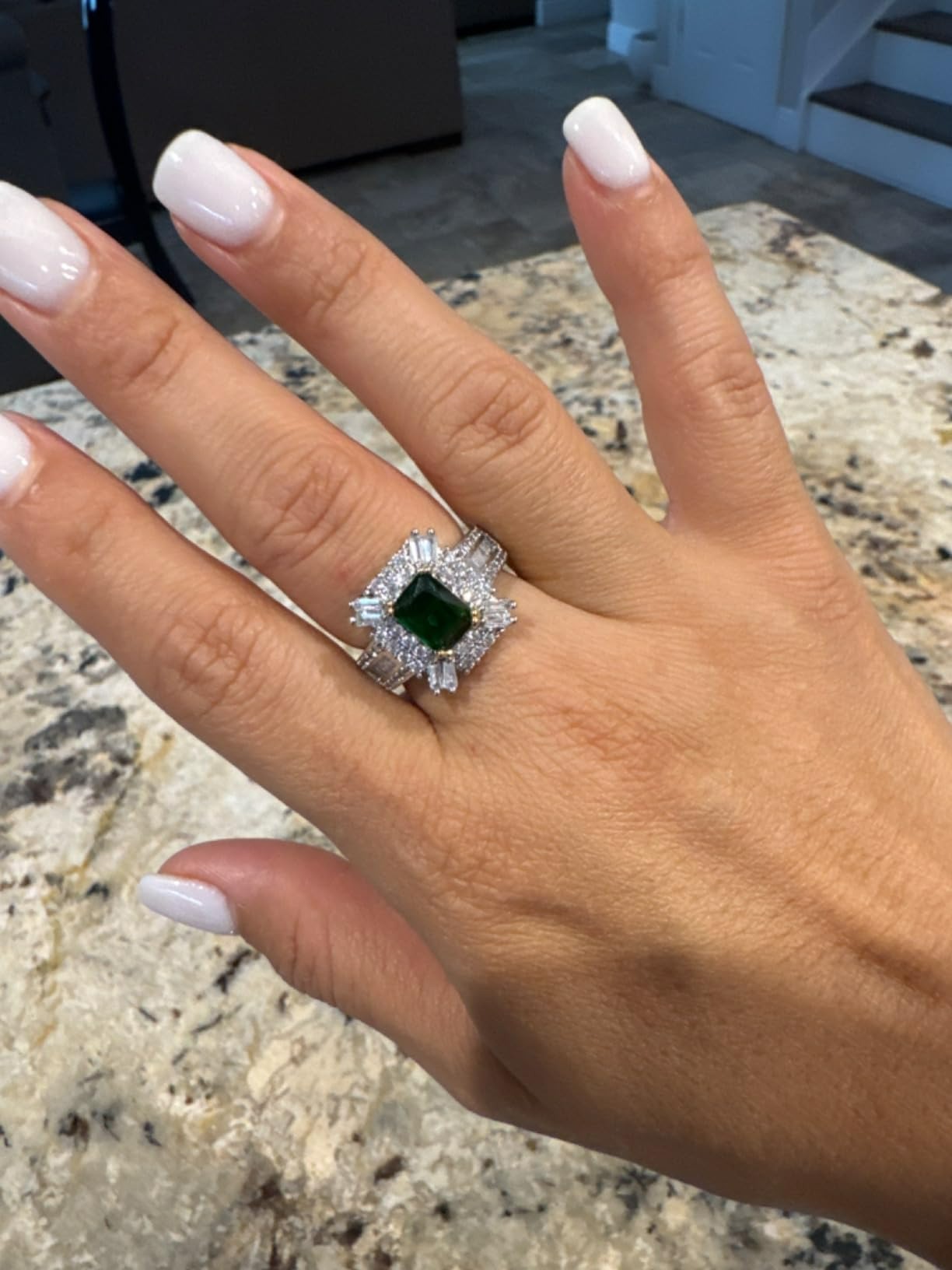 Vintage Green & White Floral Antique Silver Art Deco Ring