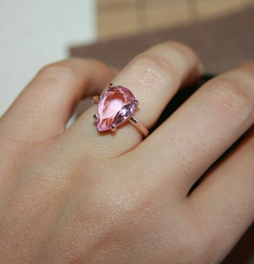 14mm Pink CZ Pear Cut Rose Gold Solitaire Teardrop Ring
