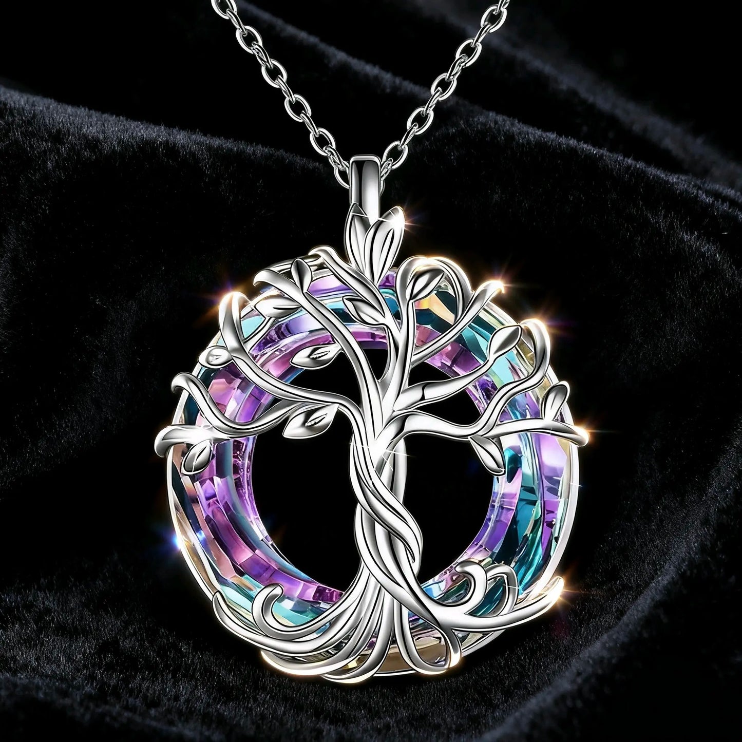 Purple Mystic Rainbow Tree of Life Circle Necklace
