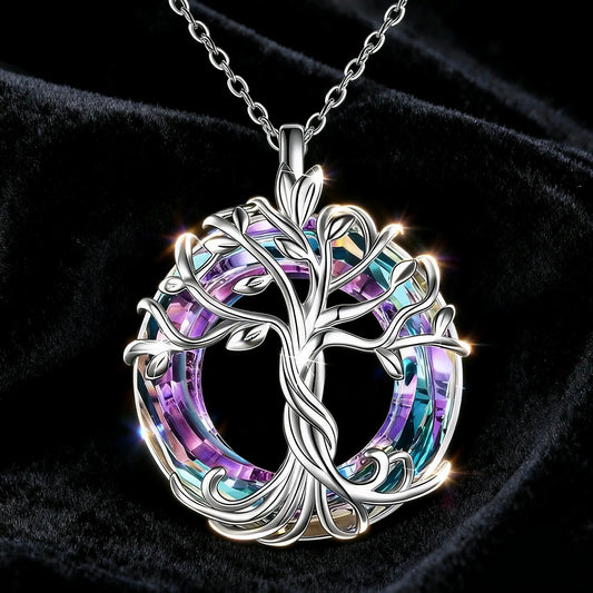 Purple Mystic Rainbow Tree of Life Circle Necklace