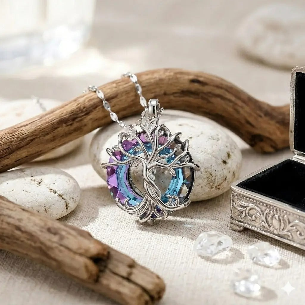 Purple Mystic Rainbow Tree of Life Circle Necklace