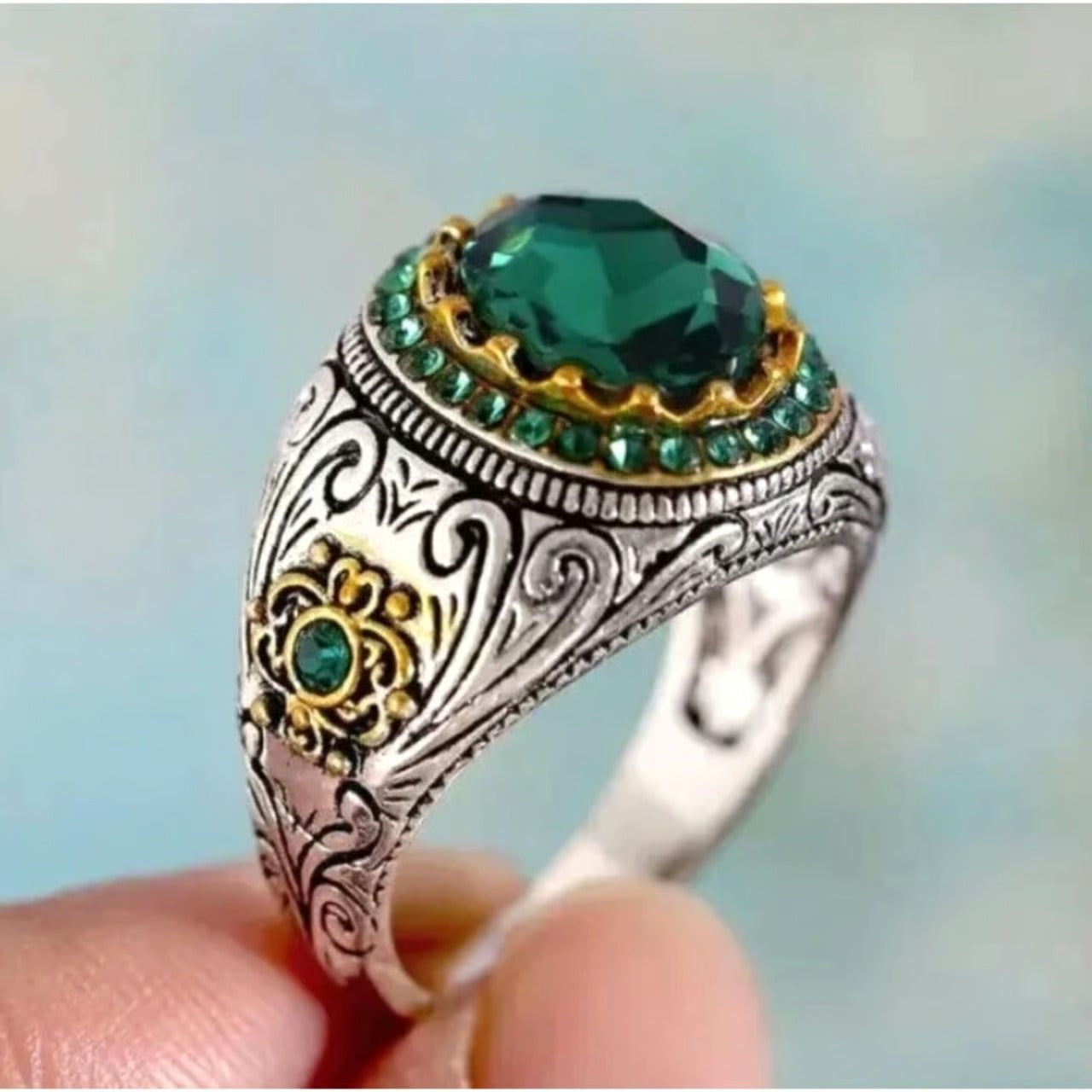 Men's Big Irregular Green Oval Rhinestone Retro Silver Ring