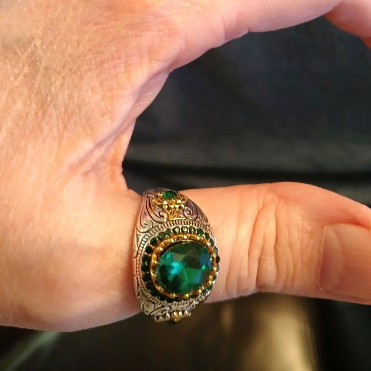 Men's Big Irregular Green Oval Rhinestone Retro Silver Ring