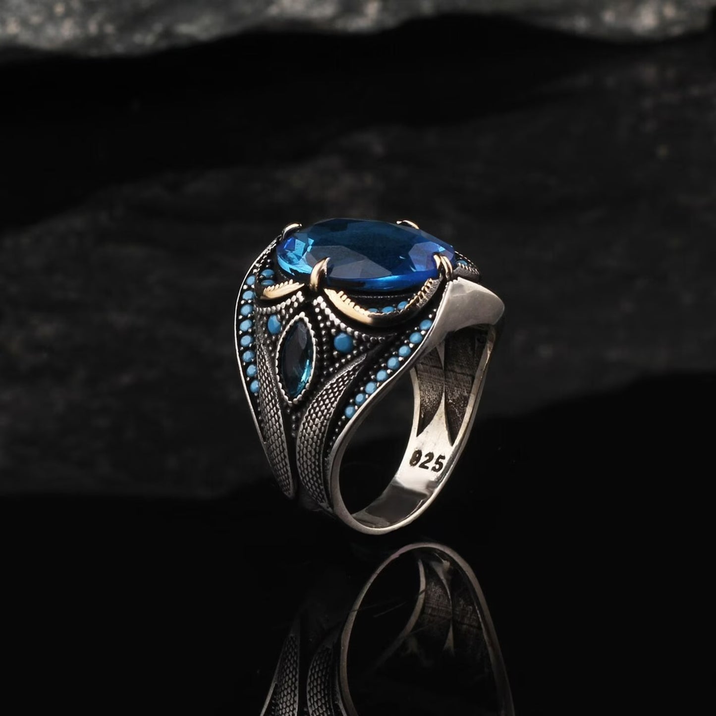 Men's Vintage Blue Crystal Oxidized Silver Boho Signet Ring