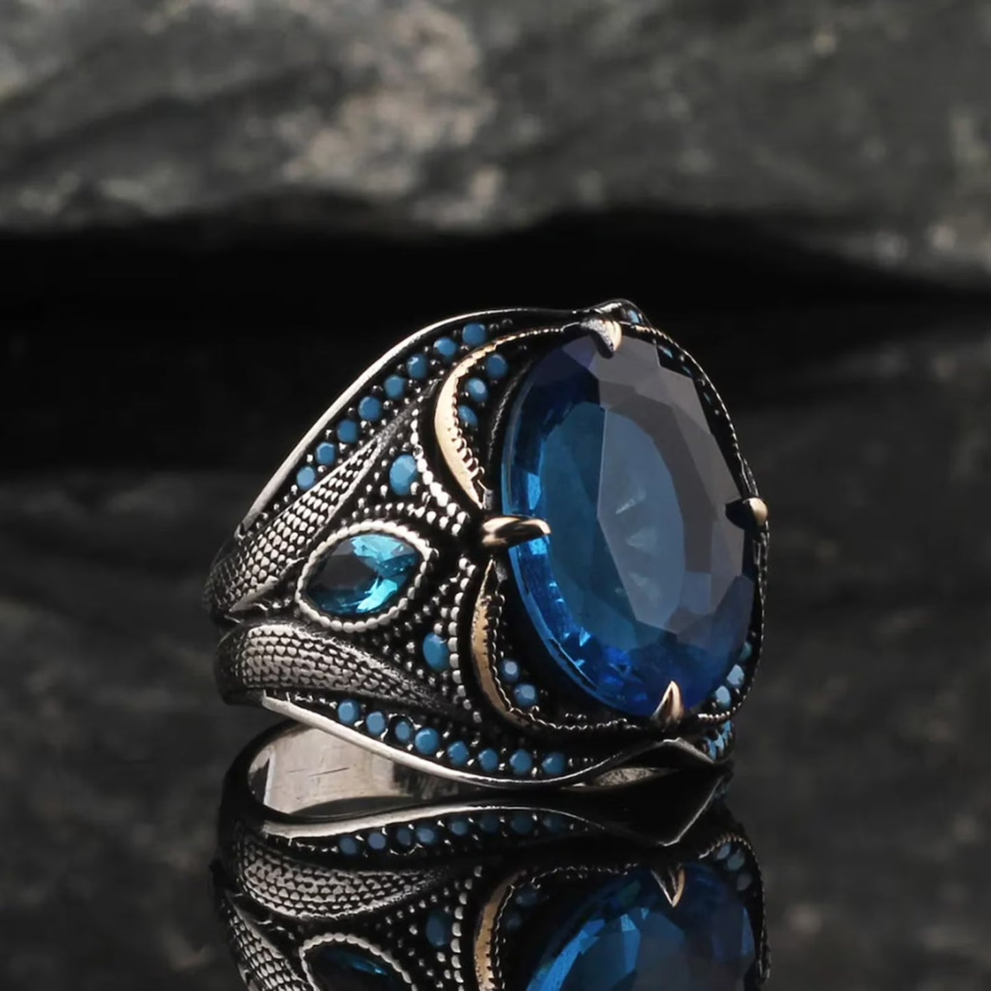 Men's Vintage Blue Crystal Oxidized Silver Boho Signet Ring