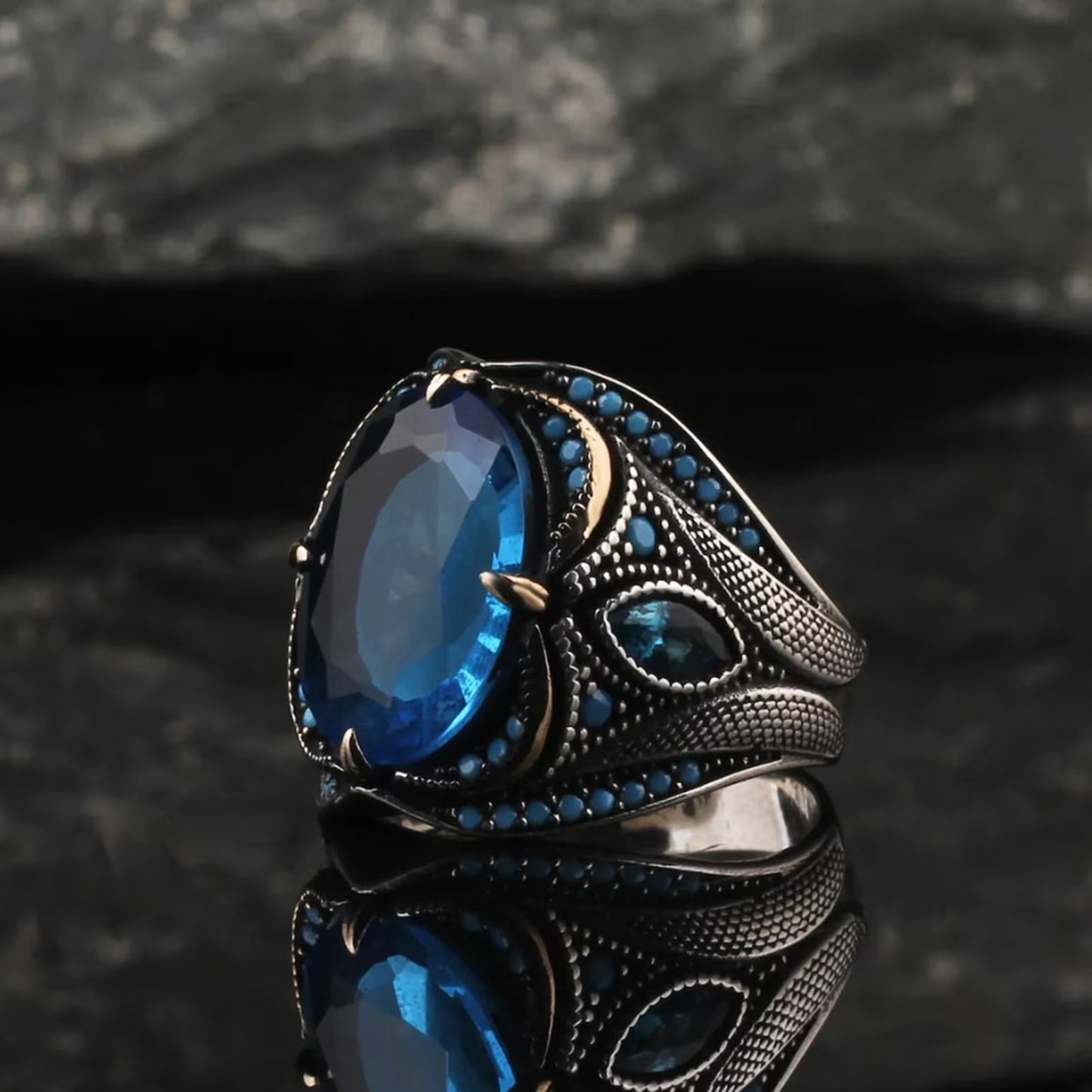 Men's Vintage Blue Crystal Oxidized Silver Boho Signet Ring