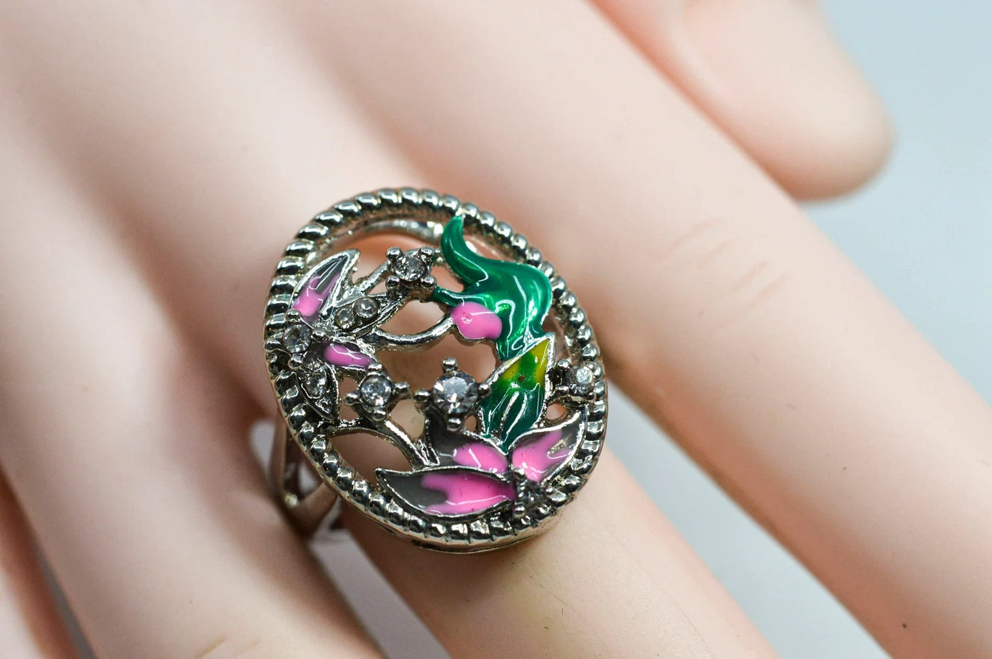 Handmade Lotus Blossom Flower Leaf Hollow Silver Ring