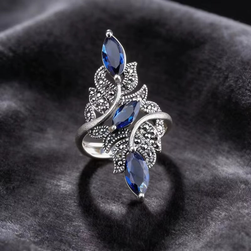 Vintage Faux Blue Sapphire Antique Silver Art Deco Ring