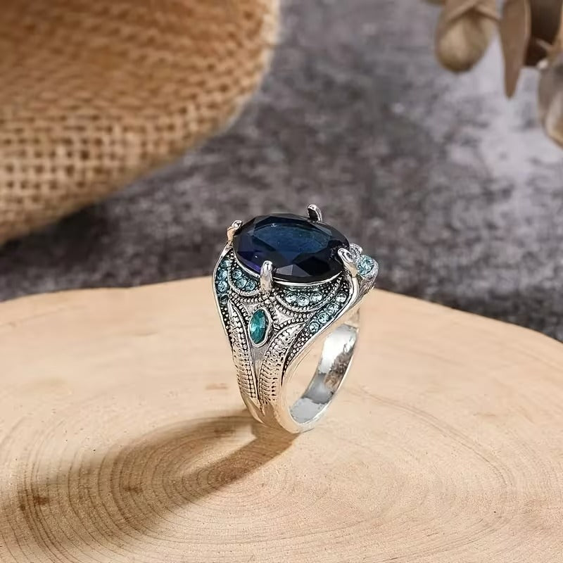 Men's Vintage Blue Crystal Oxidized Silver Boho Signet Ring