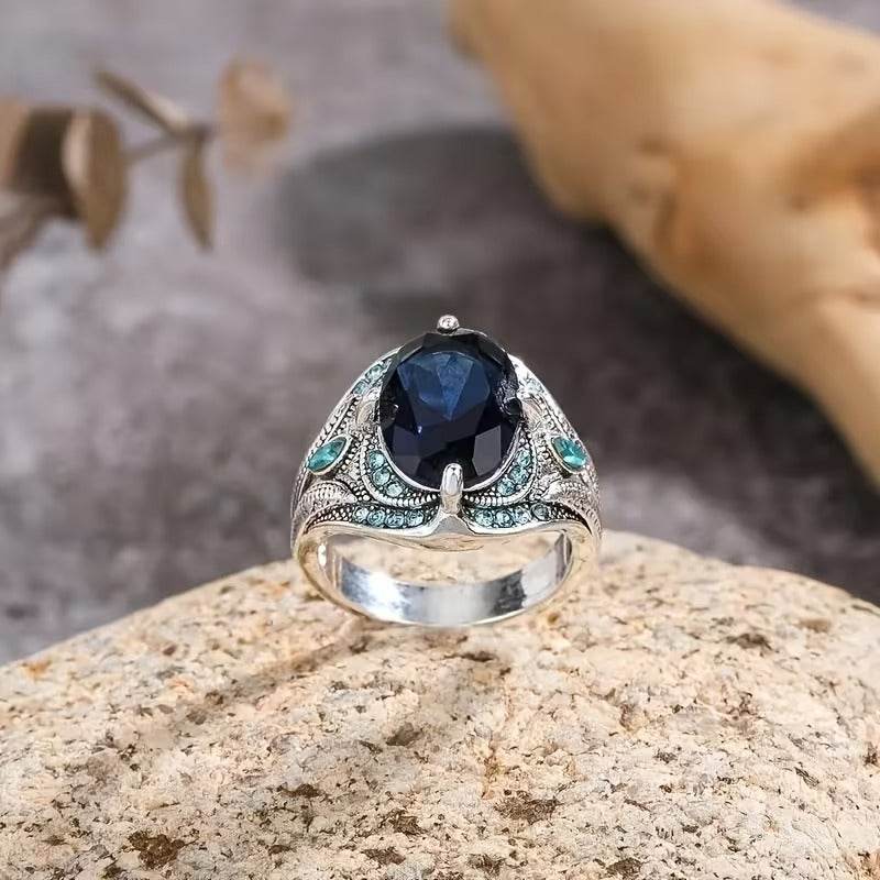 Men's Vintage Blue Crystal Oxidized Silver Boho Signet Ring