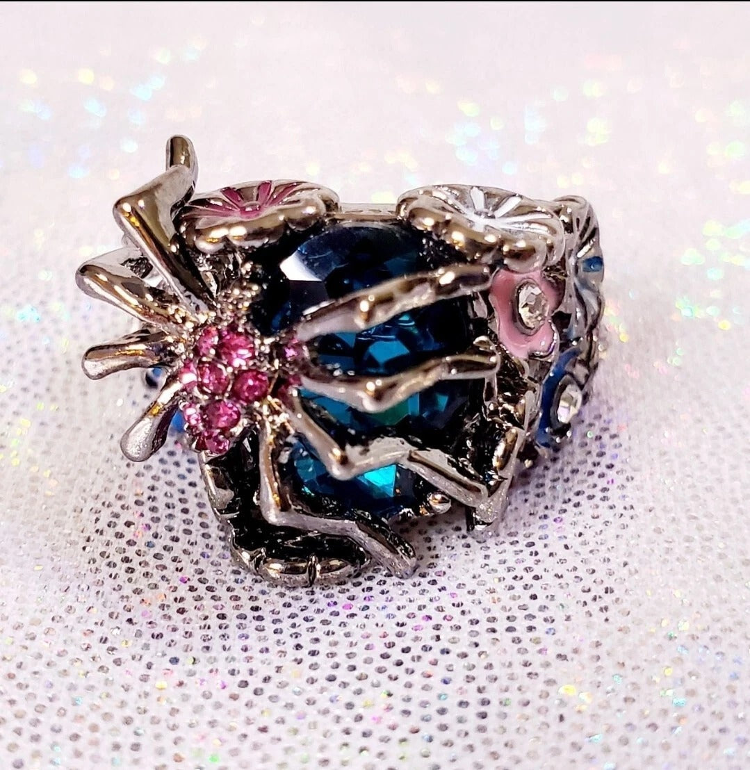 Handmade Wicked Spider Blue Crystal Flower Ring