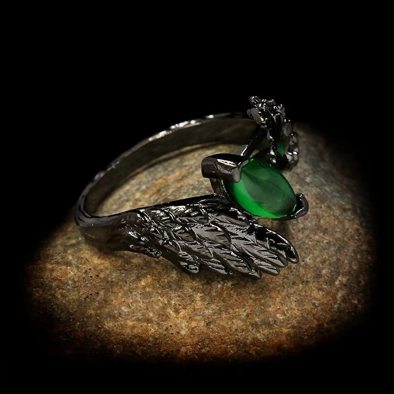 Black Gothic Angel Wing S925 Green Marquise Crystal Ring